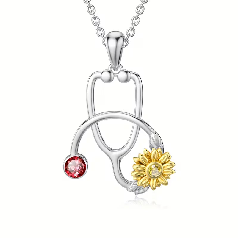 Collana Stetoscopio Margherita in Argento placcato Oro Bianco con Pietra Portafortuna