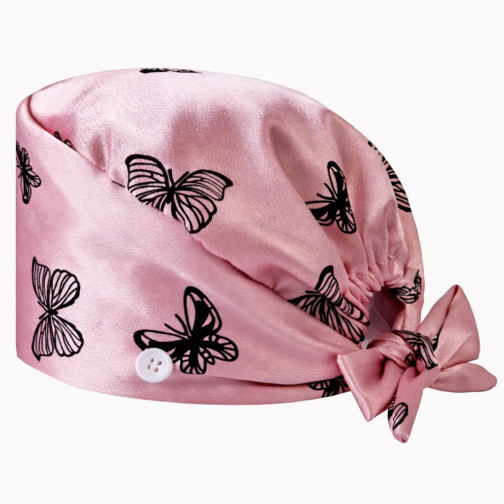Cuffietta Chirurgica Rosa Satinata con Farfalle per Infermieri, Medici, Chirurghi, Operatori Sanitari