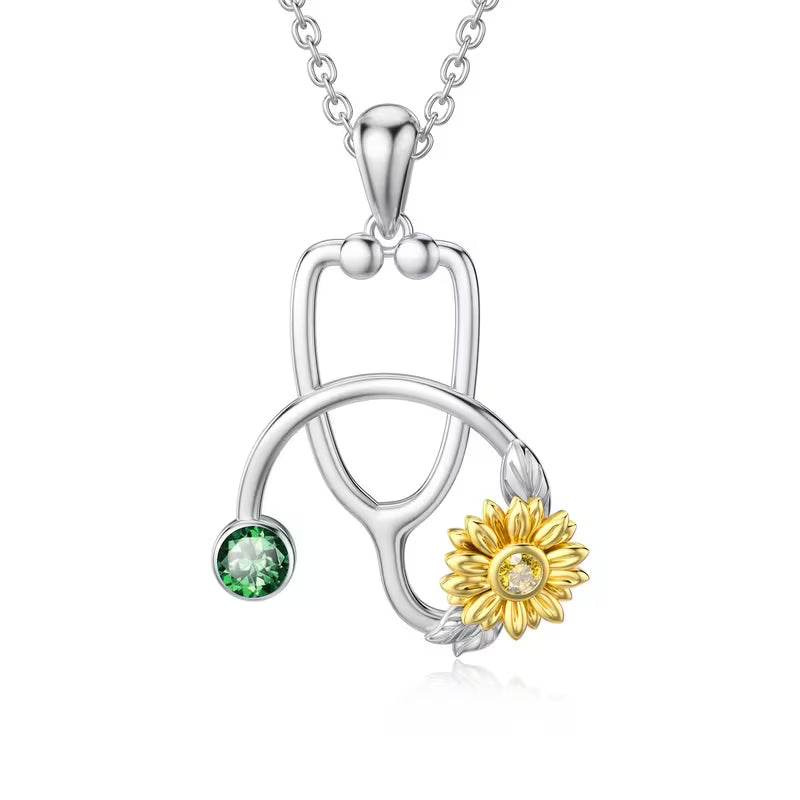 Collana Stetoscopio Margherita in Argento placcato Oro Bianco con Pietra Portafortuna