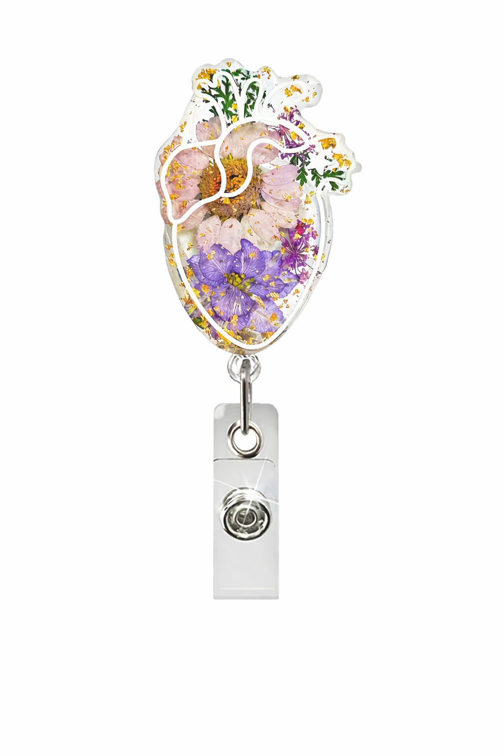 Portabadge Cuore Anatomico con Fiori Pressati in Resina Trasparente per Infermieri, Operatori Sanitari