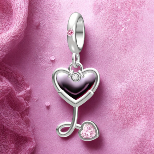 Charm Stetoscopio in Argento con Zircone Rosa