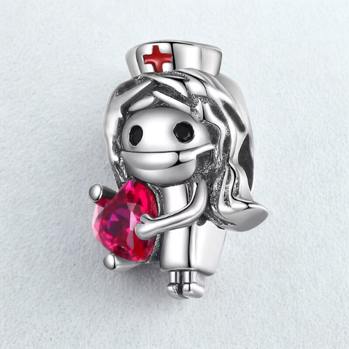 Charm Infermiera con Pietra Rossa Portafortuna in Argento