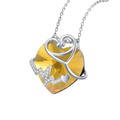 Collana Cristal con Stetoscopio e Cuore Giallo in Argento e Cristallo Artificiale