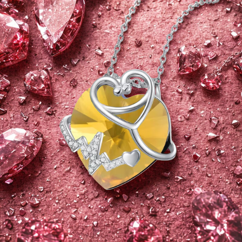 Collana Cristal con Stetoscopio e Cuore Giallo in Argento e Cristallo Artificiale