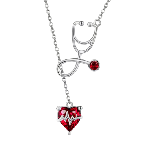 Collana Stetoscopio Cuore Rosso in Argento e Zirconi