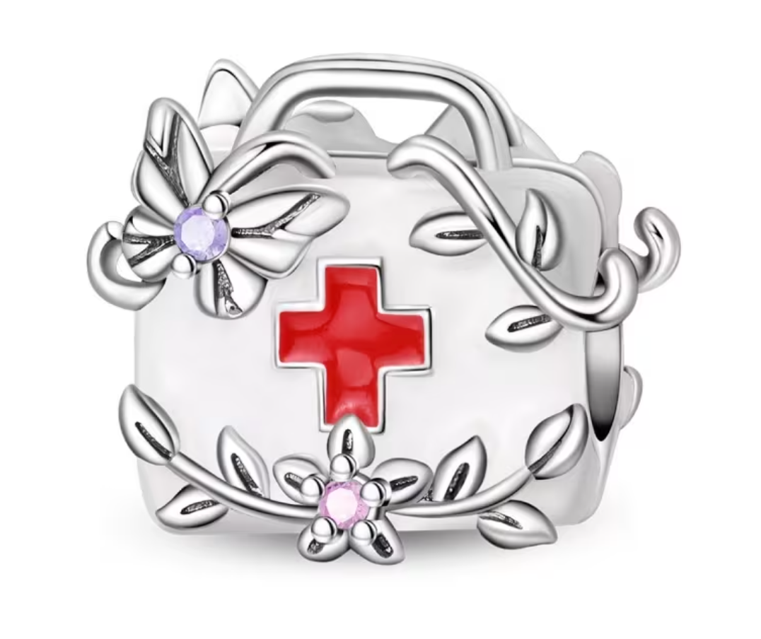 Charm Borsa Medica Floreale in Argento e Zirconi