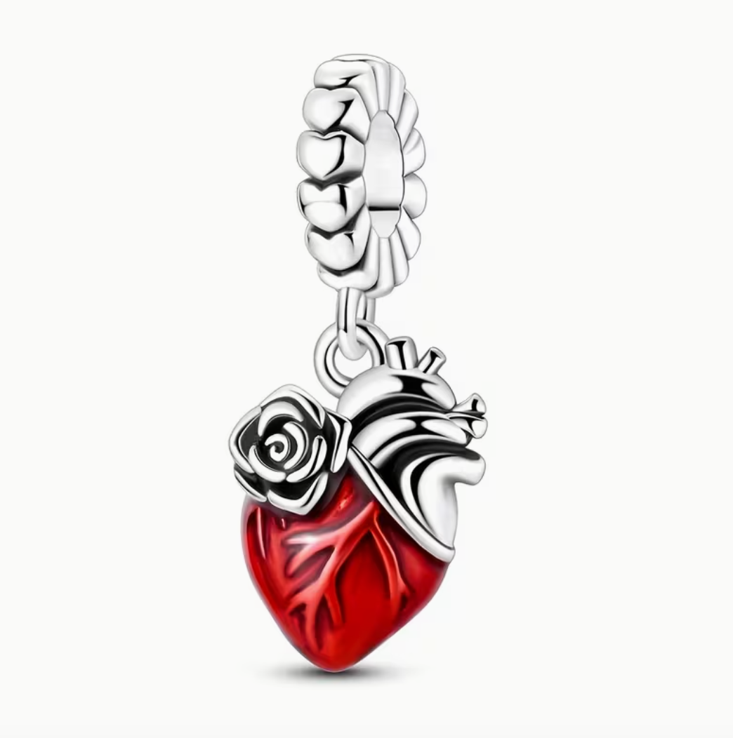 Charm Cuore Anatomico con Rosa in Argento