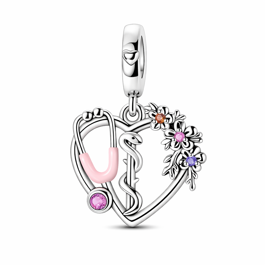 Charm  Floral Care in Argento per Infermiera, Medico, Operatrice Sanitaria