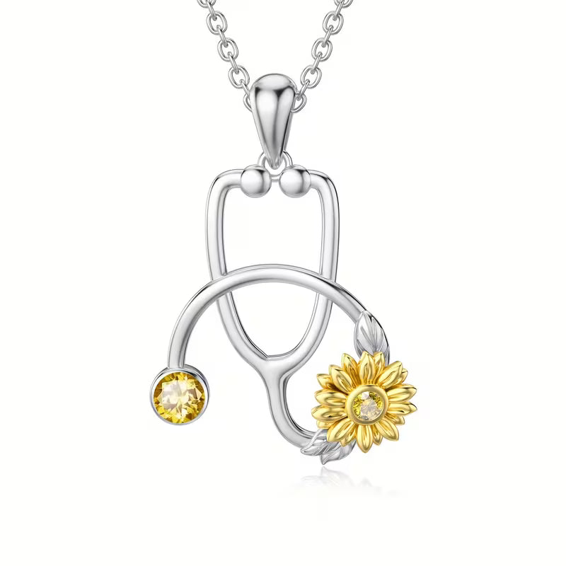 Collana Stetoscopio Margherita in Argento placcato Oro Bianco con Pietra Portafortuna