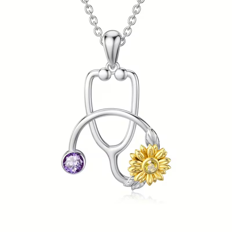 Collana Stetoscopio Margherita in Argento placcato Oro Bianco con Pietra Portafortuna
