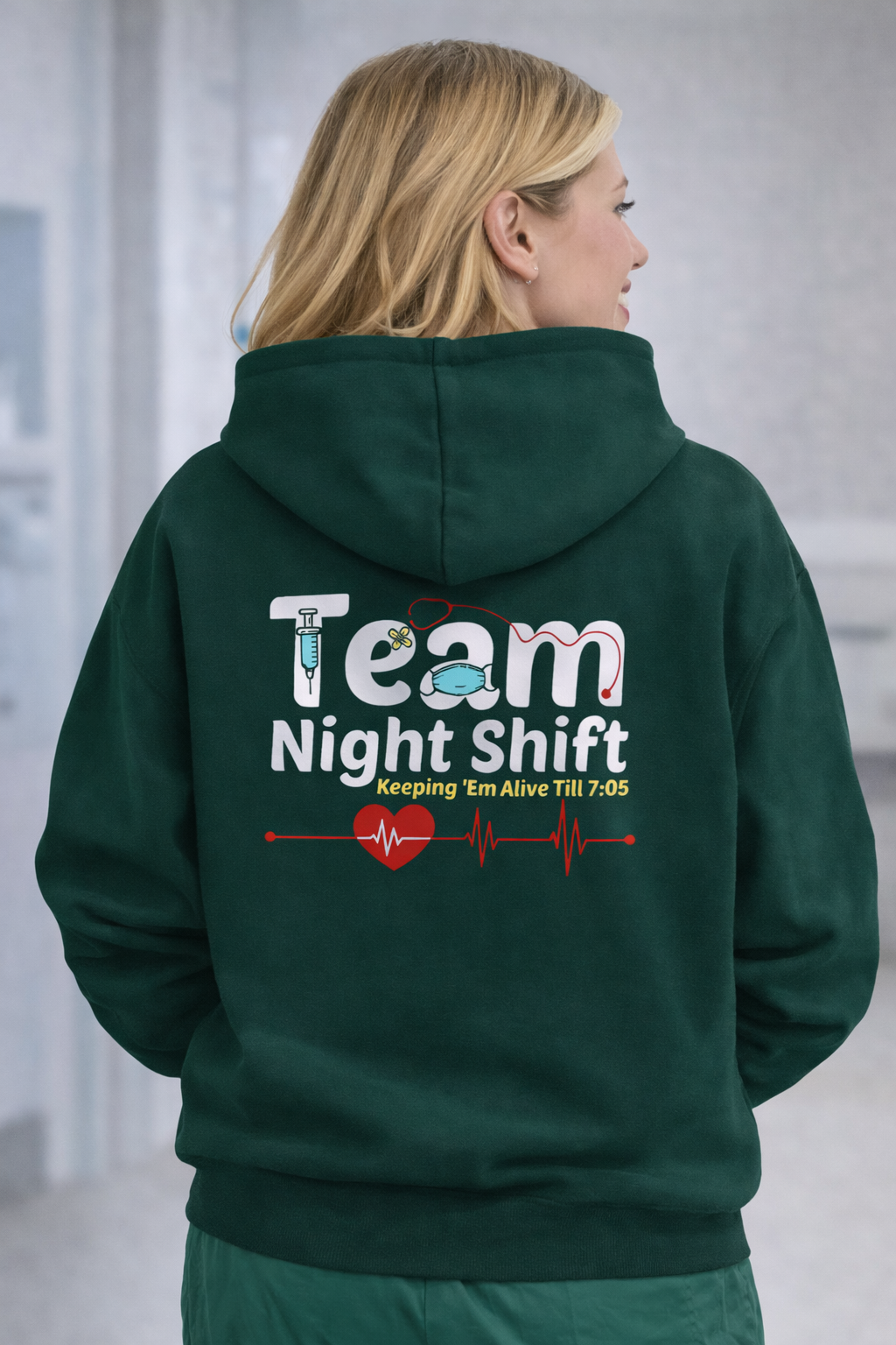 Felpa Night Shift Team Donna con Cappuccio per Infermieri, OSS, Medici, Operatori Sanitari