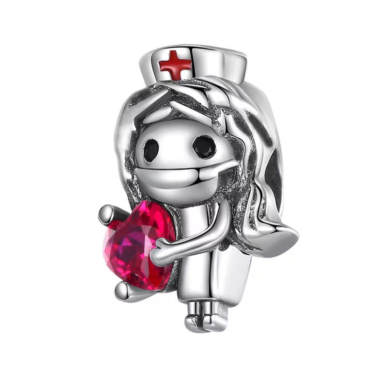Charm Infermiera con Pietra Rossa Portafortuna in Argento